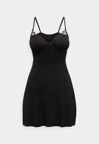 Schwarzes ärmelloses Nachthemd mit Spitzenbesatz und dünnen verstellbaren Trägern, mit einer kleinen Schleife in der Mitte des Ausschnitts.