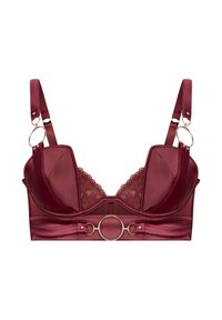 Bordeauxroser BH aus Satin- und Spitzenmaterial. Verfügt über ein strukturiertes Design, goldfarbene Beschläge und einen runden Mittelring.