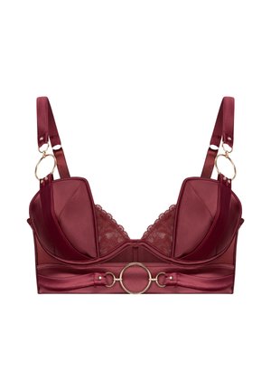 Bordeauxrode beha van satijn en kant. Heeft een gestructureerd ontwerp, gouden accenten en een cirkelvormige middenring.
