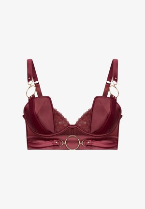 Bordeauxroser BH aus Satin- und Spitzenmaterial. Verfügt über ein strukturiertes Design, goldfarbene Beschläge und einen runden Mittelring.