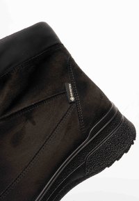 Schwarzer Wildleder-Stiefeletten mit Gore-Tex-Tag, strukturierter Gummisohle und gesteppten Details, fotografiert vor weißem Hintergrund.