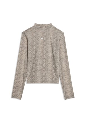 Langærmet, højhalset beige top med slangeprint og lille Puma-logo på brystet mod en hvid baggrund.