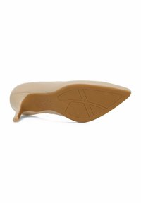 Scarpa con tacco alto beige, a punta, con tomaia in sintetico liscio e suola in gomma testurizzata. Tacco a stiletto sottile. Decorata con una stampa sottile sulla suola.