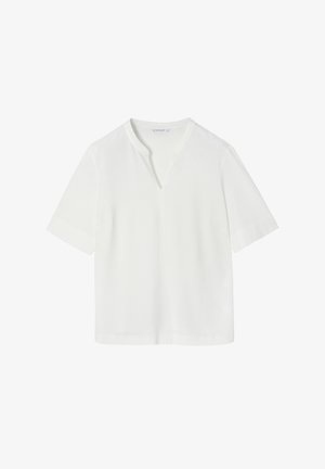 Hvid kortærmet skjorte med V-udskæring og blødt stof. Har en afslappet pasform og opsmøgede ærmer, velegnet til afslappet brug.