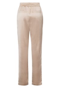 Beige satin pants with an elastic waistband, straight leg design, and two back pockets. Smooth texture with a subtle sheen.