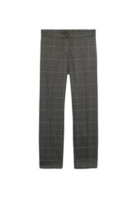 Pantalons à carreaux gris avec une texture tissée. Dotés d'une fermeture éclair et d'un bouton, design à jambe droite, et motif à carreaux subtil en gris clair.