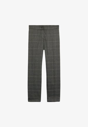 Grijze geruite broek met een geweven textuur. Voorzien van een ritssluiting en knoopsluiting, rechtmodel ontwerp en een subtiele ruitpatroon in lichtgrijs.