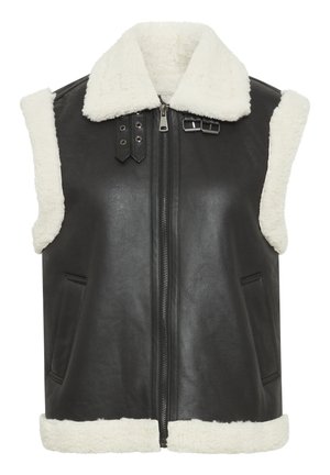 Sort lædervest med en cremet faux shearling krave, lynlås foran og sidelommer. Har spænde detaljer på lukningen.