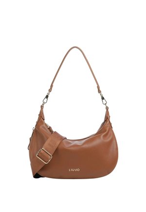 Borsa a spalla in pelle marrone con tracolla in tessuto regolabile e ampia, design curvo e logo "LIU JO" in rilievo dorato sulla parte frontale.