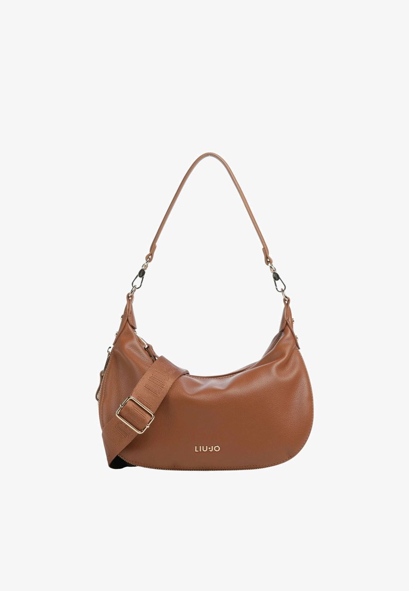 Borsa a spalla in pelle marrone con tracolla in tessuto regolabile e ampia, design curvo e logo "LIU JO" in rilievo dorato sulla parte frontale.