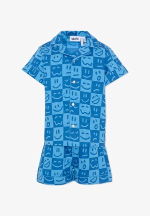 Set di pigiama blu con motivo a quadretti e varie espressioni facciali, realizzato in tessuto morbido, composto da maglietta a maniche corte e pantaloncini.