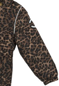 Brauner Leopardenmuster-Jackenärmel mit elastischer Bündchen, ausgestattet mit einer Seitentasche und reflektierendem Detail an der Schulter.