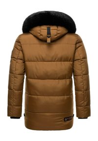 Parka maro, matlasat, cu glugă detașabilă căptușită cu blană neagră și manșete elastice. Prezintă un patch cu logo în partea stângă jos.