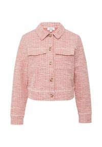 Roze tweed jack met een kort ontwerp, knoopsluitingen, dubbele borstzakken en een puntige kraag. Geweven stof met een subtiel patroon.
