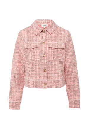 Roze tweed jack met een kort ontwerp, knoopsluitingen, dubbele borstzakken en een puntige kraag. Geweven stof met een subtiel patroon.