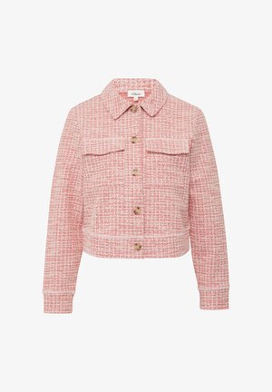 Roze tweed jack met een kort ontwerp, knoopsluitingen, dubbele borstzakken en een puntige kraag. Geweven stof met een subtiel patroon.