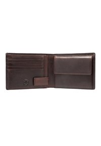 Brown leather wallet with multiple card slots and a coin pocket, featuring a simple design and a subtle embossed logo on the front.