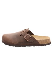 Braune Lederclogs mit einem Korkfußbett, verstellbarem Riemen mit einer metallischen Schnalle, flacher Sohle und runder Zehenpartie.