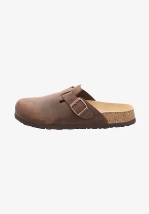 Brown leather clog with a cork footbed, featuring an adjustable strap with a metallic buckle, flat sole, and rounded toe.