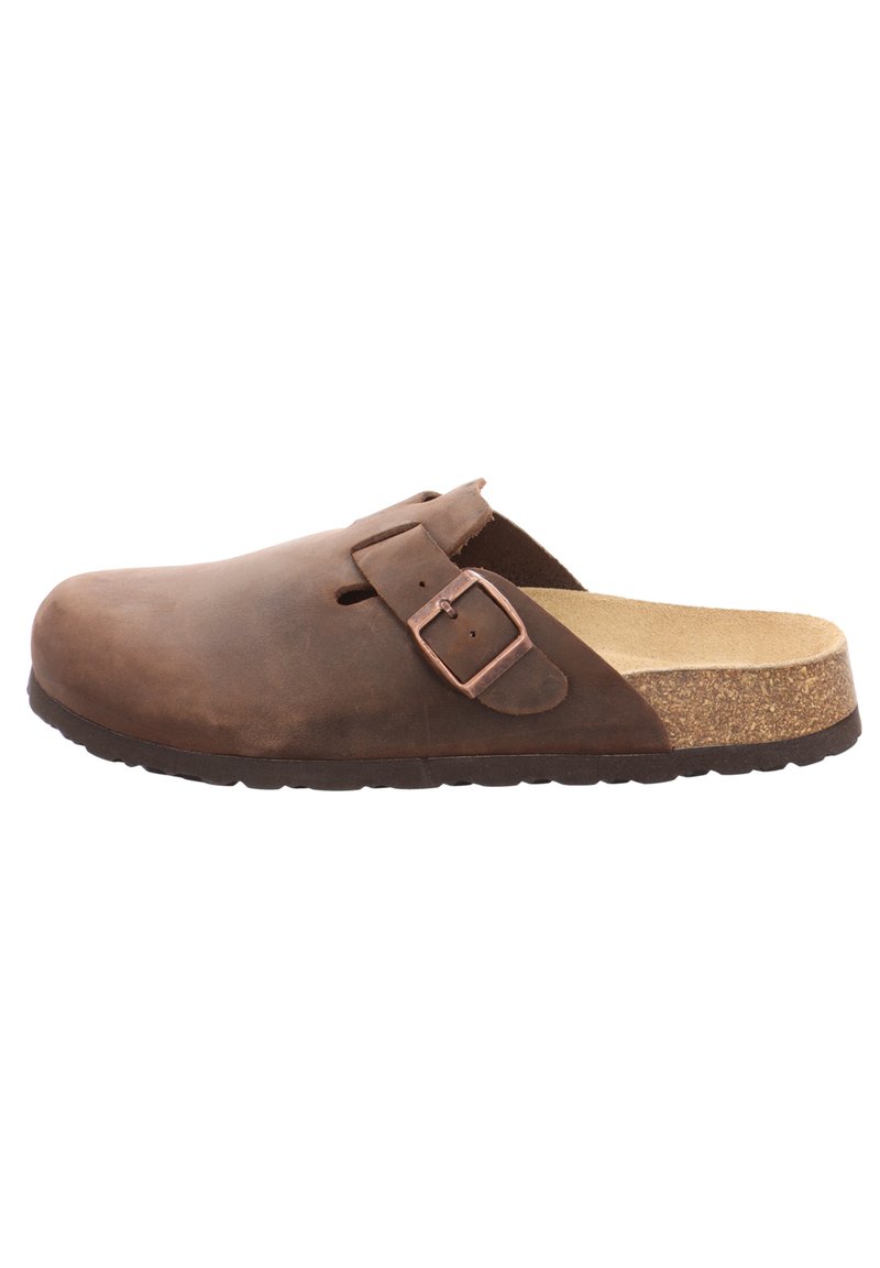 Braune Lederclogs mit einem Korkfußbett, verstellbarem Riemen mit einer metallischen Schnalle, flacher Sohle und runder Zehenpartie.