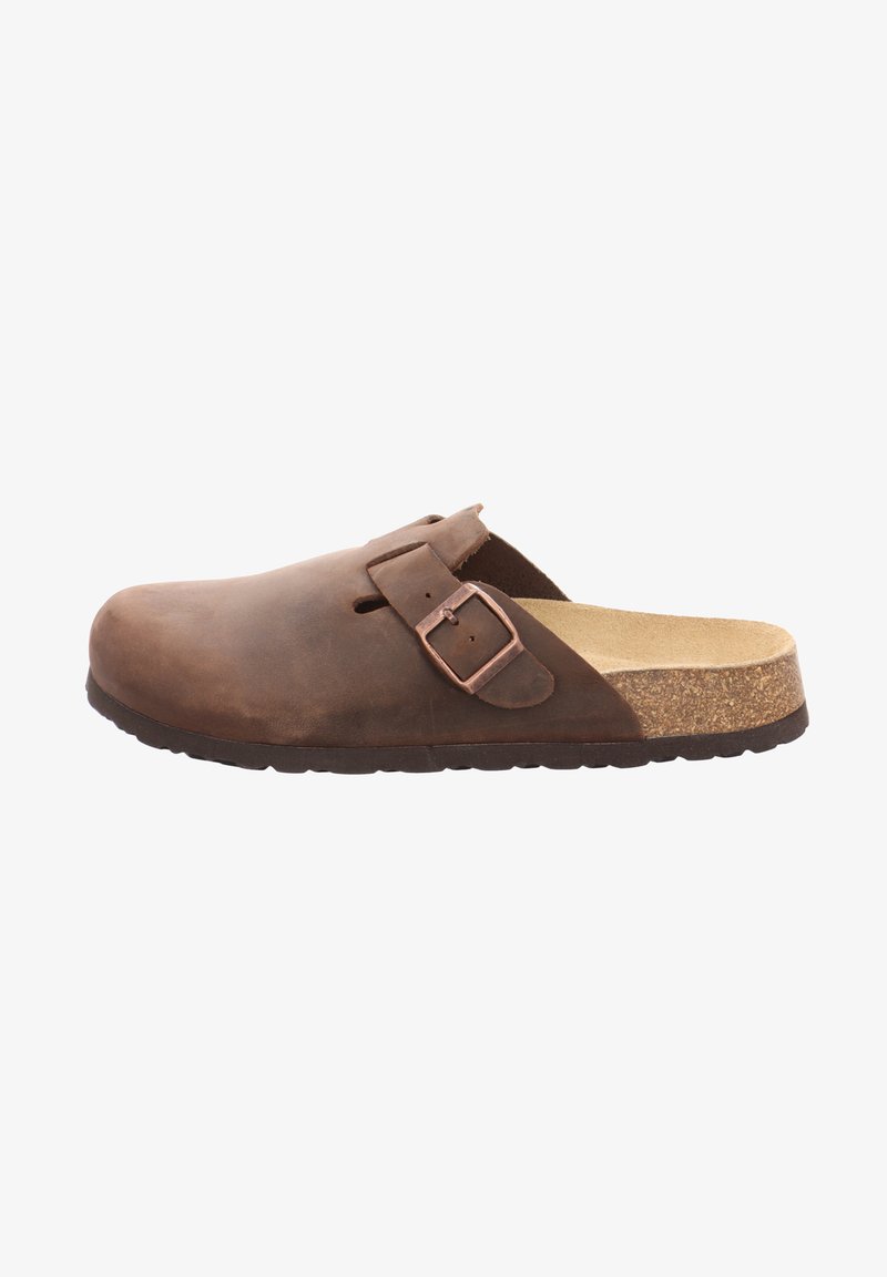 Braune Lederclogs mit einem Korkfußbett, verstellbarem Riemen mit einer metallischen Schnalle, flacher Sohle und runder Zehenpartie.