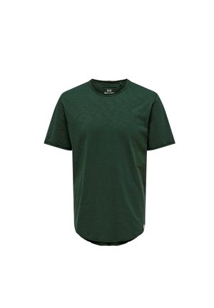 Mørkegrøn T-shirt med korte ærmer og rund halsudskæring med en let rundet kant, vist mod en hvid baggrund.