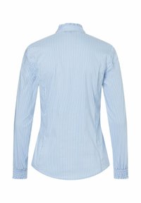 Light blue striped long-sleeve shirt, featuring a button collar and gathered cuffs. Smooth fabric with a tailored fit, gently curved hem.