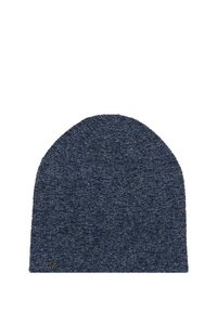 Cappello beanie blu scuro con una texture lavorata a maglia, cima arrotondata e sottili riflessi metallici. Presenta un piccolo logo sulla parte superiore.