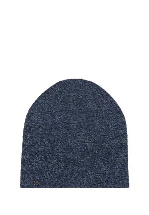 Cappello beanie blu scuro con una texture lavorata a maglia, cima arrotondata e sottili riflessi metallici. Presenta un piccolo logo sulla parte superiore.