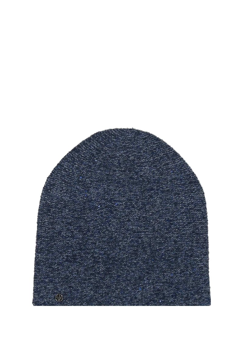Cappello beanie blu scuro con una texture lavorata a maglia, cima arrotondata e sottili riflessi metallici. Presenta un piccolo logo sulla parte superiore.