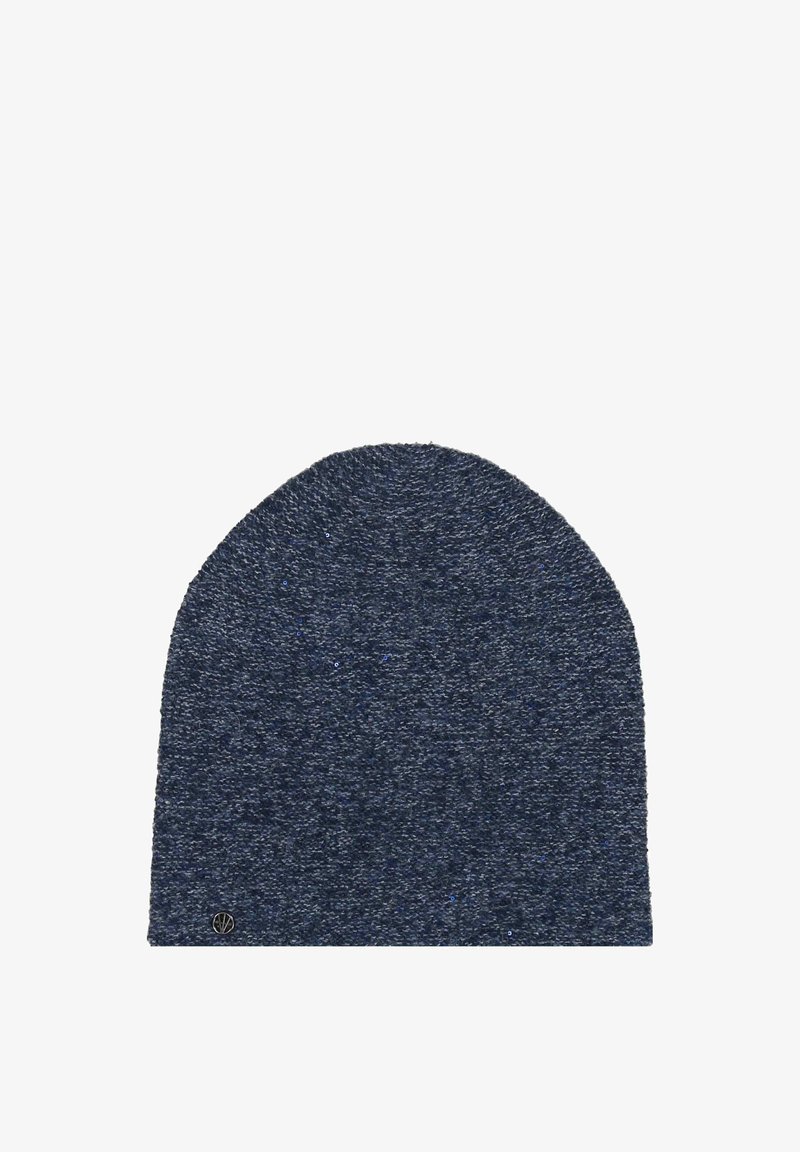 Cappello beanie blu scuro con una texture lavorata a maglia, cima arrotondata e sottili riflessi metallici. Presenta un piccolo logo sulla parte superiore.