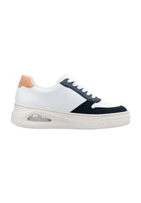 Lace-up sneaker featuring a white leather upper with navy suede accents, a peach leather heel, and a white chunky sole with a visible air unit.