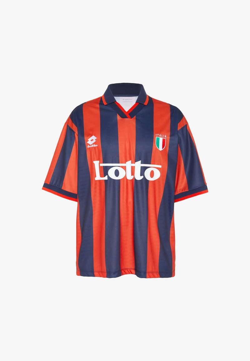 Red and navy blue vertically striped soccer jersey with Lotto logo and Italy shield on the chest, short sleeves, and a small collar.