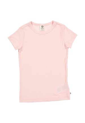 Roze ribbelachtige t-shirt met korte mouwen, ronde halslijn, zachte textuur, voorzien van een klein logo-label op de zoom, naadloos ontwerp, lichtgewicht stof.