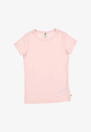 T-shirt rosa a maniche corte a costine, scollatura rotonda, morbida al tatto, caratterizzato da un piccolo logo sull'orlo, design senza cuciture, tessuto leggero.