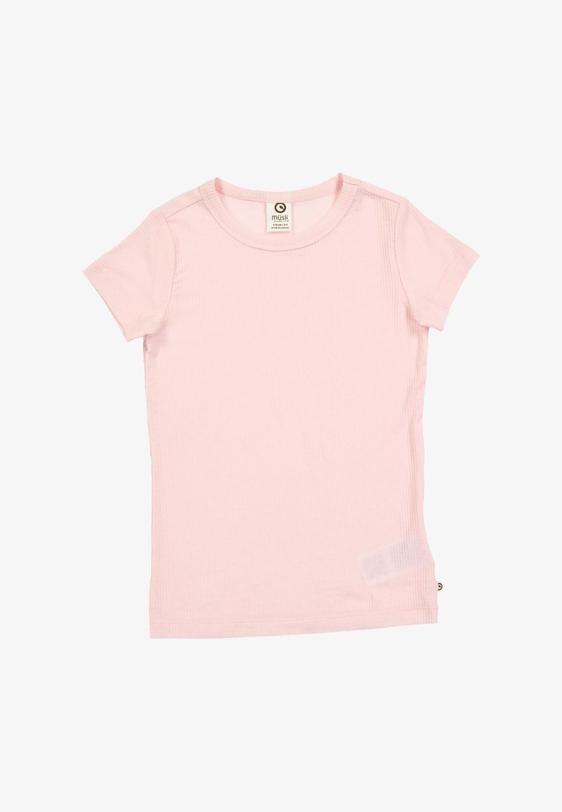T-shirt rosa a maniche corte a costine, scollatura rotonda, morbida al tatto, caratterizzato da un piccolo logo sull'orlo, design senza cuciture, tessuto leggero.