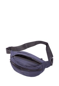 Marsupio navy realizzato in tessuto resistente, dotato di due scomparti con zip e di una tracolla regolabile per una vestibilità sicura. Texture liscia, design leggero.