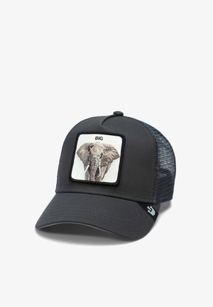 Gorra de béisbol negra con parte trasera de malla, que presenta un parche cuadrado con un elefante bordado y la palabra "GRANDE" arriba.