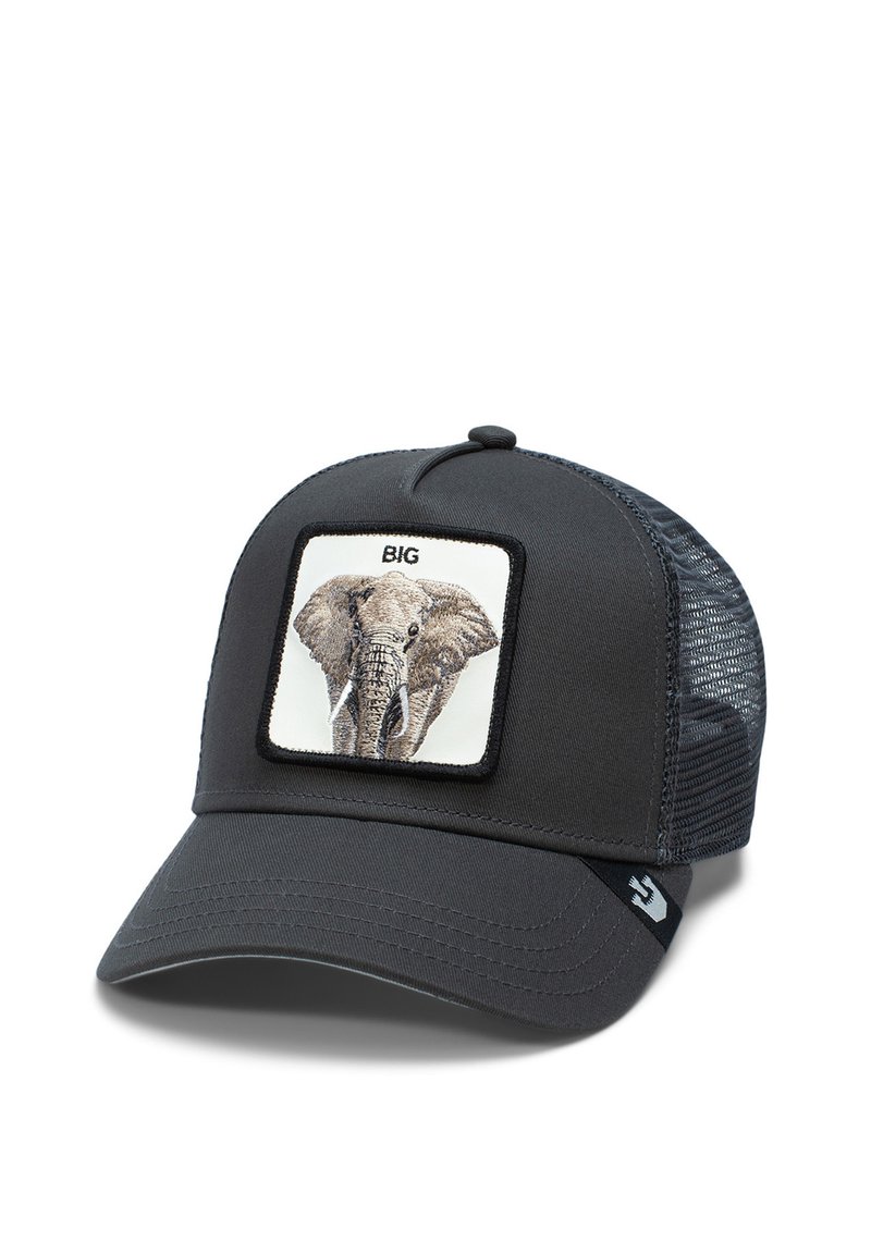 Black baseball cap with mesh back, featuring a square patch with an embroidered elephant and the word "BIG" above.