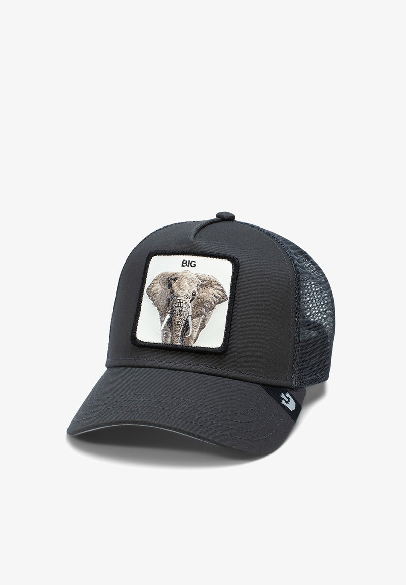Black baseball cap with mesh back, featuring a square patch with an embroidered elephant and the word "BIG" above.