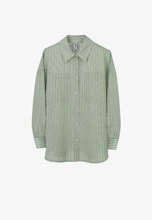 Langärmliges Hemd mit grünen und weißen vertikalen Streifen, zwei Brusttaschen vorne und einem spitzen Kragen.
