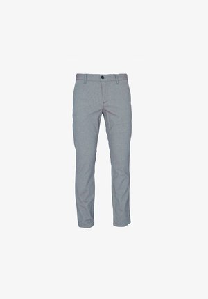 Graue, schmal geschnittene Hose mit einem dezenten Karomuster, ausgestattet mit einem vorderen Knopfverschluss und Taschen. Hergestellt aus gewebtem Stoff.