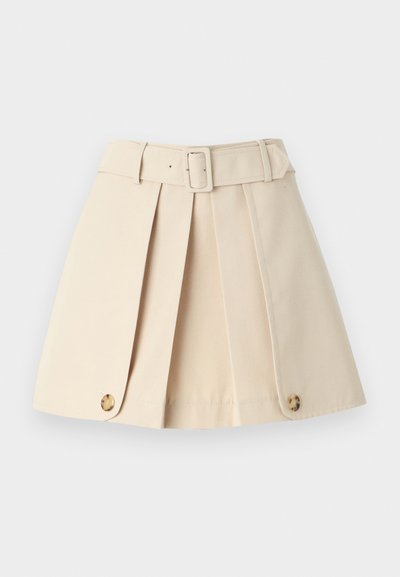 Beige pleated skirt with a fitted waist, wide belt loops, and button accents on the hem. Crafted from smooth, lightweight fabric.