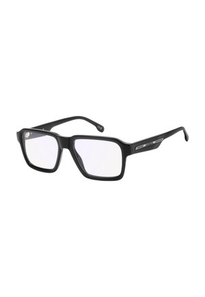 Czarne prostokątne okulary z przezroczystymi szkłami i smukłymi zausznikami z srebrnym logo Carrera na zausznikach.