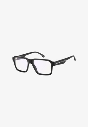 Gafas rectangulares negras con lentes transparentes y varillas delgadas que presentan un logotipo plateado de Carrera en las patillas.
