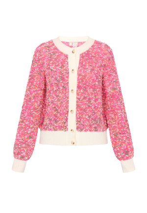 Cardigan roz cu un model tricotat texturat, mâneci și tiv dantelate în culoarea fildeșului și decolteu rotund. Cinci nasturi crem pe partea din față.