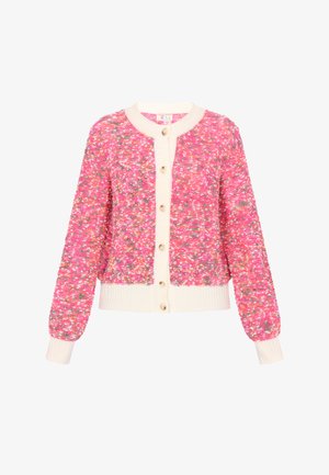 Cardigan roz cu un model tricotat texturat, mâneci și tiv dantelate în culoarea fildeșului și decolteu rotund. Cinci nasturi crem pe partea din față.