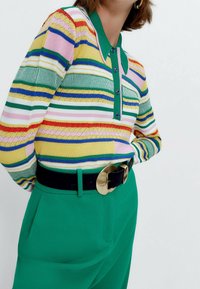 Gebreide gestreepte pullover met een groene kraag en knopen, met gele, roze, blauwe en witte horizontale strepen. Gecombineerd met groene broeken en een zwarte riem.