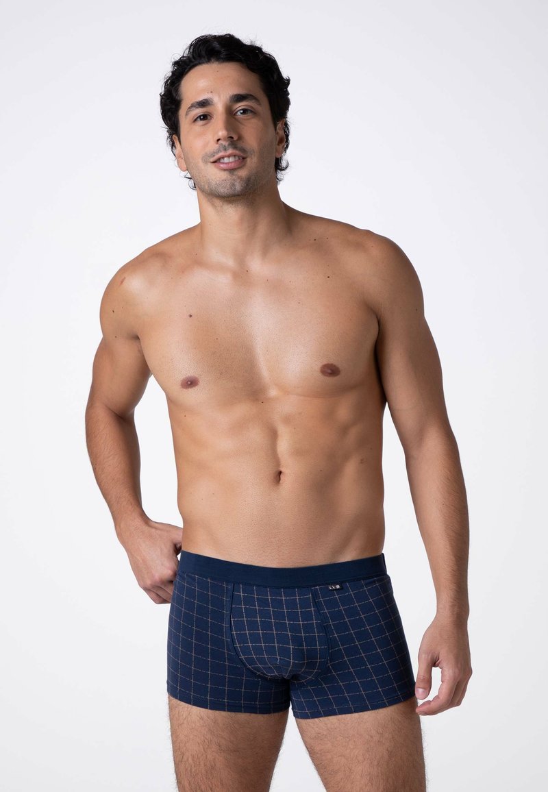 Boxer briefs a quadri navy con una forma aderente, realizzati in tessuto morbido. Presentano un elastico in tinta unita e un motivo a griglia contrastante beige.