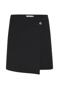 Black wrap skirt made from a smooth fabric, featuring a side button detail and an asymmetrical hem for a structured appearance.